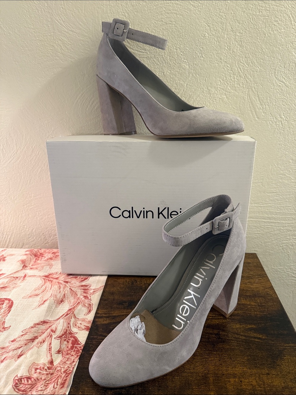 Calvin Klein Light Gray Suede Ankle-Strap Block Heel- Fionna block heel pump